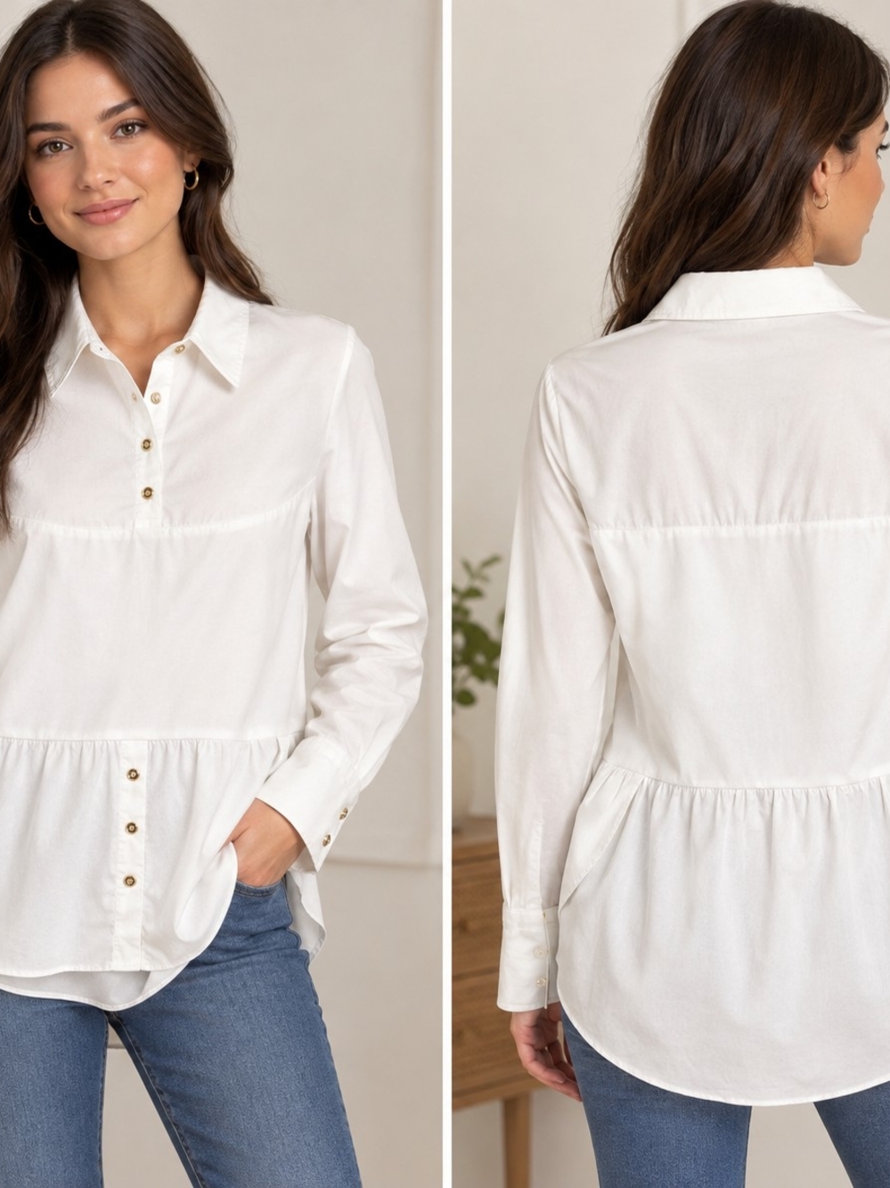 SSY Signature Long Sleeve Women's White Button-Front Peplum Shirt Size S